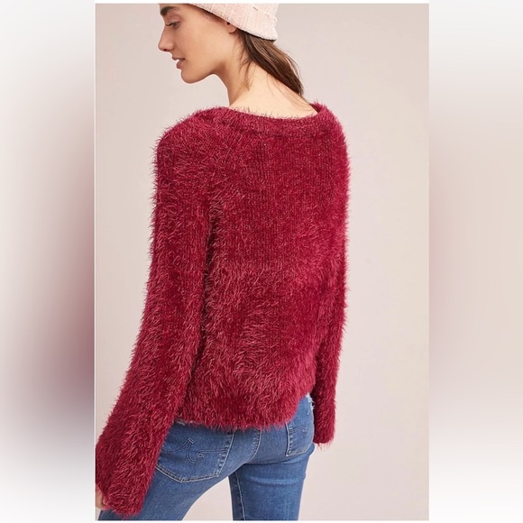 Anthropologie Maeve v-neck eyelash sweater medium petite MP pink red burgundy - Picture 7 of 14